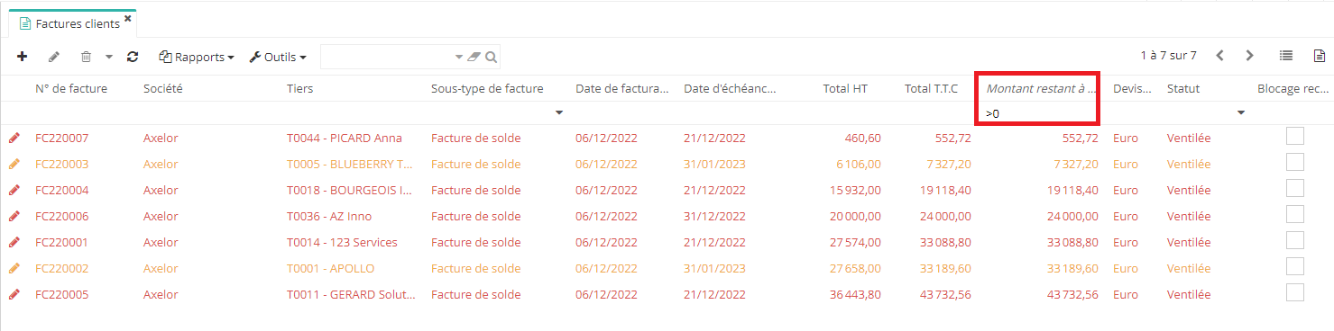 1.5. Factures des clients. Vous pouvez trier la liste afin de trouver les factures non payées en indiquant dans le champ “Montant restant à payer” le “>0”.