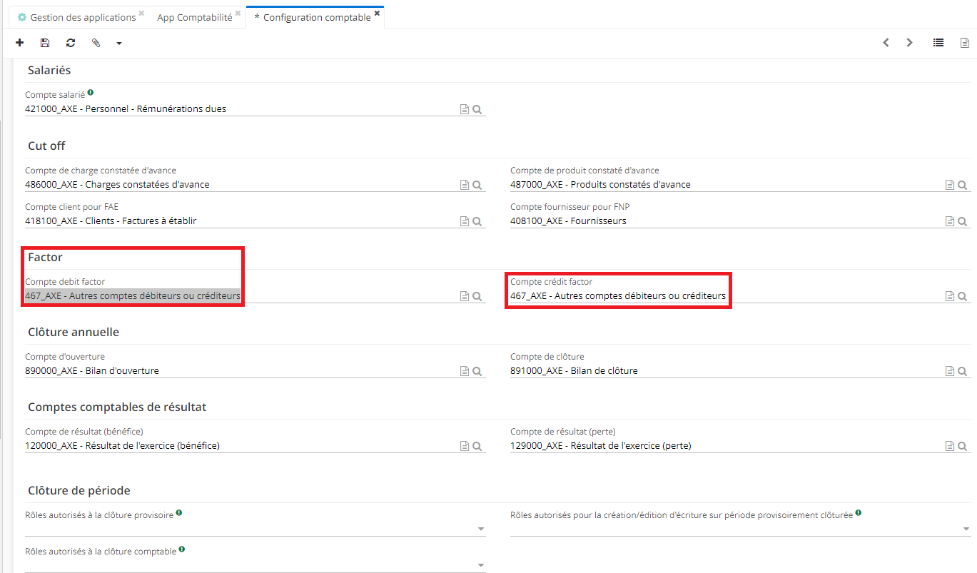 1.3. Sur la page de Configuration comptable, cliquez sur l’onglet Comptabilité. Vous trouverez le champ Factor qui vous permet de sélectionner le compte débit factor et le compte crédit factor.