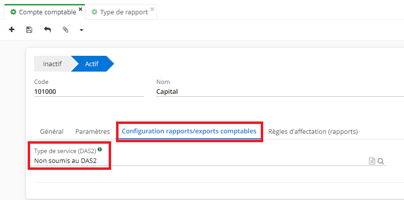 1.3. Sur la fiche du Compte Comptable vous trouverez l’onglet “Configuration rapports/exports comptables” qui contient le champ Type de service (DAS2, un système de reporting).