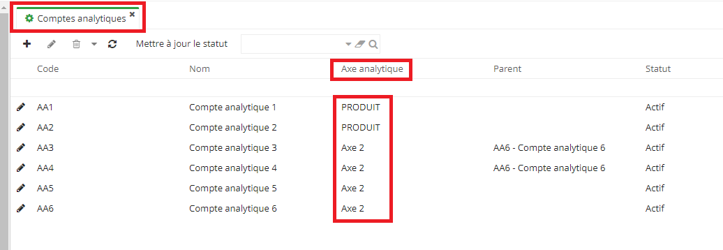 1.1. Le référentiel de Comptes analytiques. Vous voyez dans la liste à quel axe analytique est associé chaque compte.