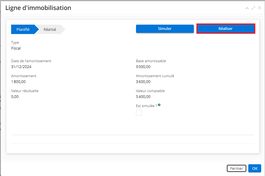 1.1. Cliquez sur une ligne dans le tableau d’amortissement afin d’ouvrir l’onglet “Ligne d’immobilisation”. Cliquez sur le bouton “Réaliser” afin de réaliser cette ligne manuellement. L’écriture comptable va être générée et visible depuis le même onglet.