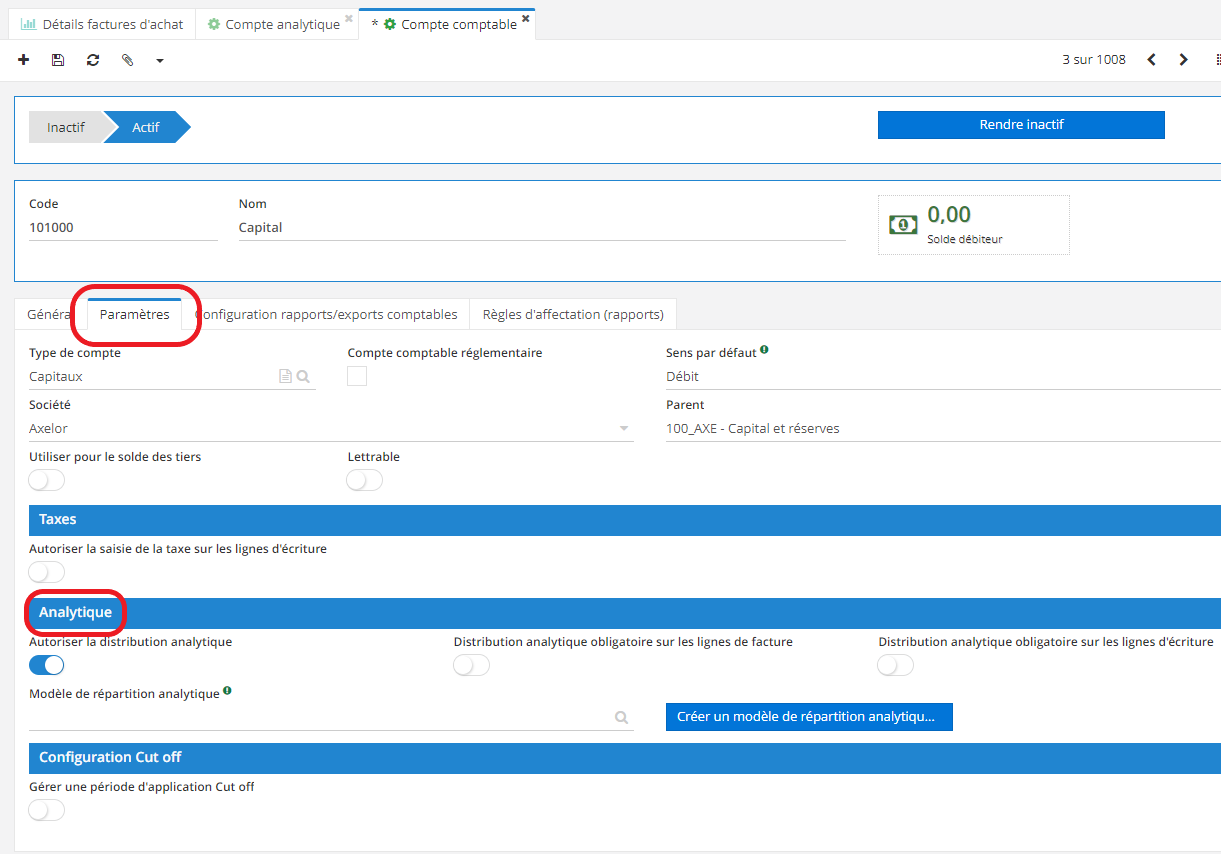 1.1. La fiche du Compte Comptable, l’onglet Paramètres, section Analytique et les cases à cocher qu’elle contient (attention : cochez d’abord “autoriser la distribution analytique” afin de faire apparaitre les autres cases à activer).