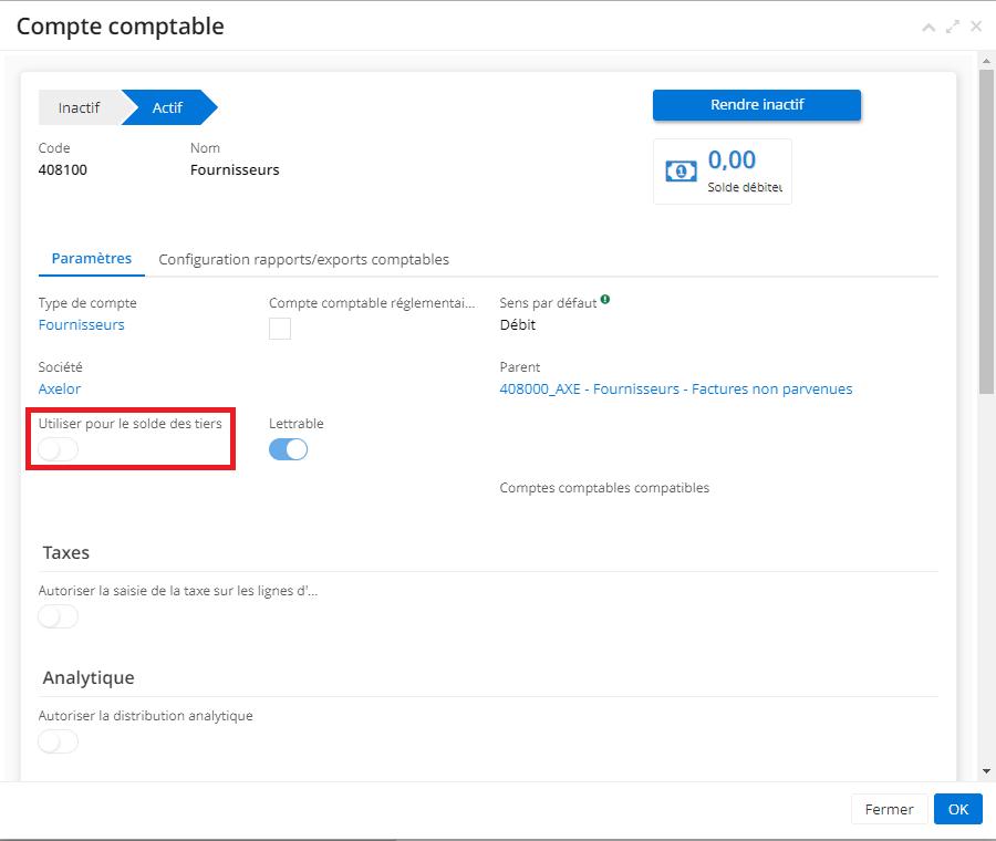 1.3.  Lorsque vous sélectionnez comme type la FNP, vous pouvez consulter l’onglet du Compte Comptable en cliquant sur “Vue” dans le champ de Compte fournisseur pour FNP. L’onglet du Compte Comptable s’ouvrira ensuite et il contient la case “Utiliser pour le solde des tiers” qui est par défaut décochée.