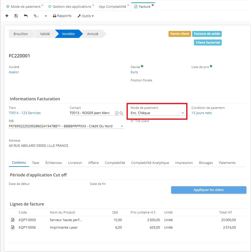 1.4. Sur la fiche de facture, sélectionnez comme Mode de Paiement “Encaissement Chèque”.