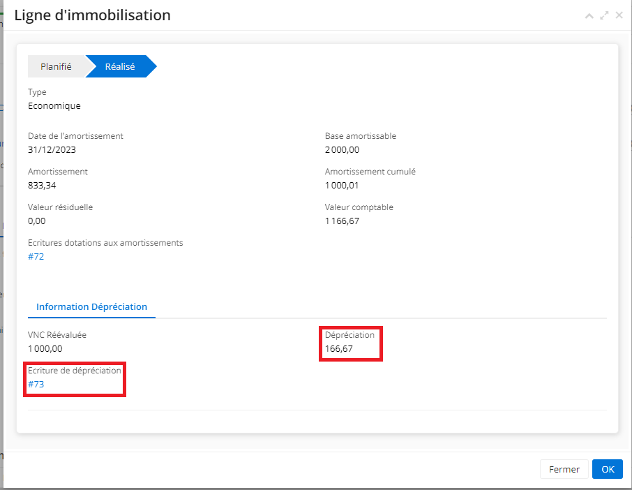 1.3. Dans l’onglet “information d’amortissement”, cliquez sur une ligne qui a été réalisée après la dépréciation. Vous allez constater que désormais la partie “Information Dépréciation” figure sur l’onglet et vous pouvez consulter une écriture de dépréciation.