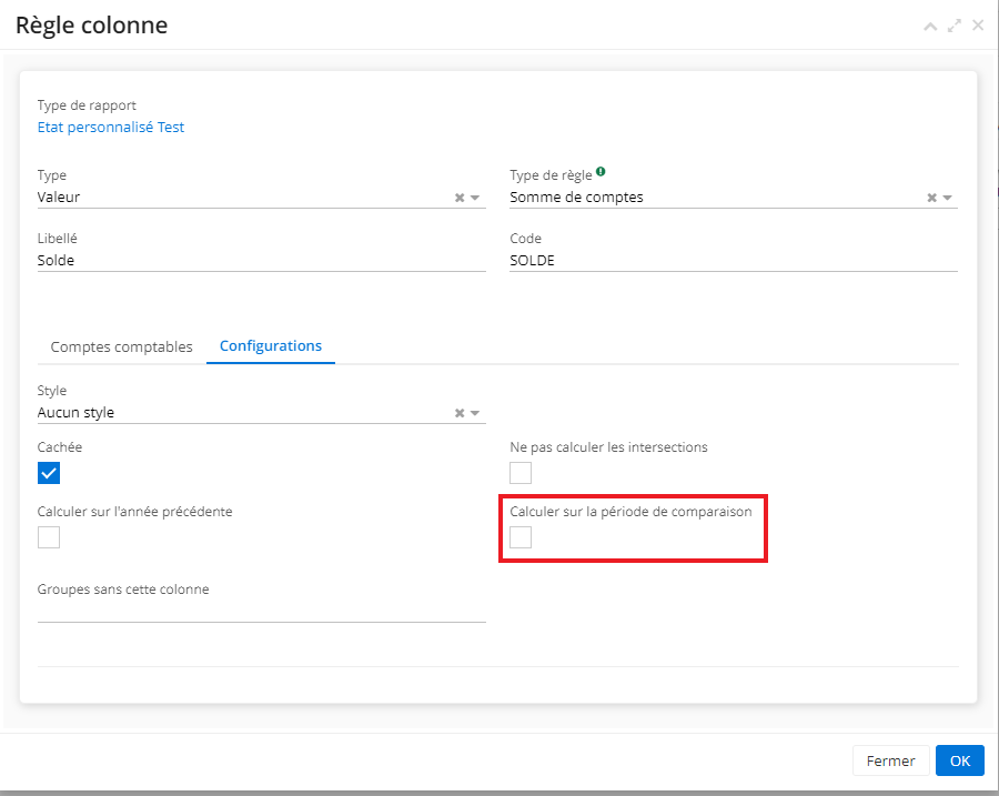 1.3. Sur la fiche de type de rapport, cliquez sur une Règle colonne afin d’accéder à l’onglet Règle Colonne. Sur l’onglet, cochez la case “Calculer sur la période de comparaison” si vous souhaitez appliquer les dates renseignées sur le Rapport Comptable dans la partie “Comparer avec la période”.