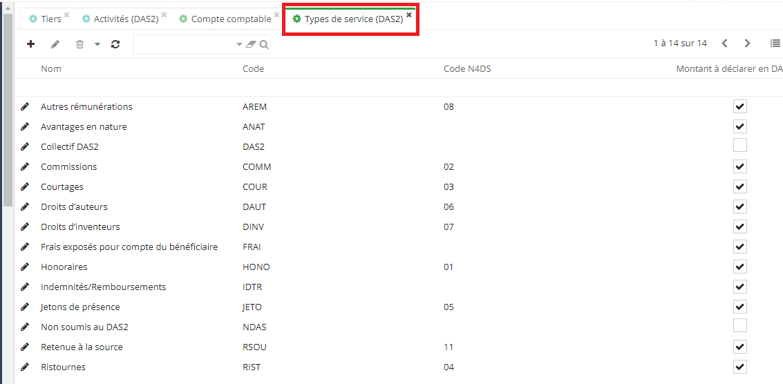 1.5. La liste de Types de service (Comptabilité → Configuration → Financière → Type de service (DAS2)).