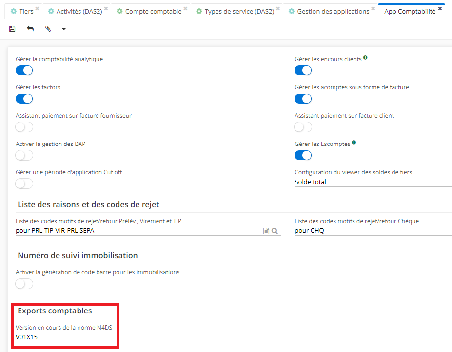 1.6. Sur la page d’App Comptabilité, dans la partie “Exports comptables” vous trouverez le champ “Version en cours de la norme N4DS”.