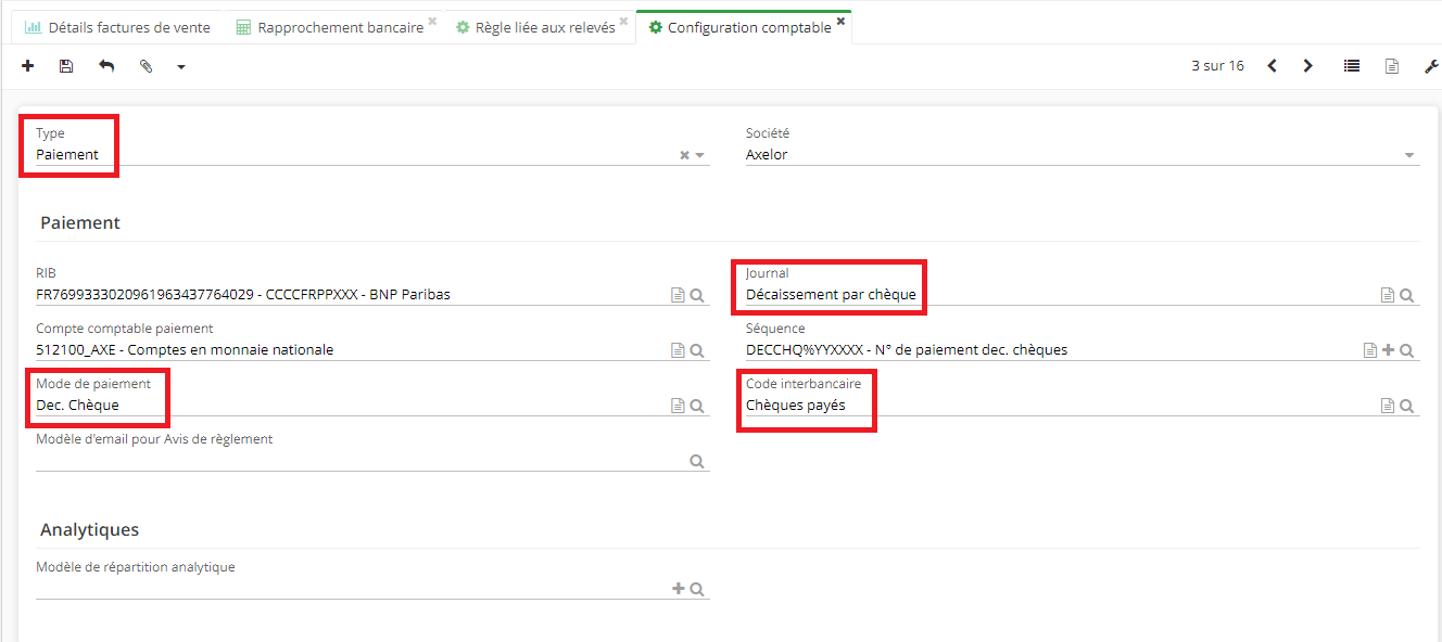 1.5. Une fois que vous avez cliqué sur les Codes interbancaires / Mode de paiement dans le référentiel, vous vous trouverez sur la page de la configuration comptable où il est possible de configurer le Mode de paiement appliqué, le Code interbancaire, le Journal, etc.