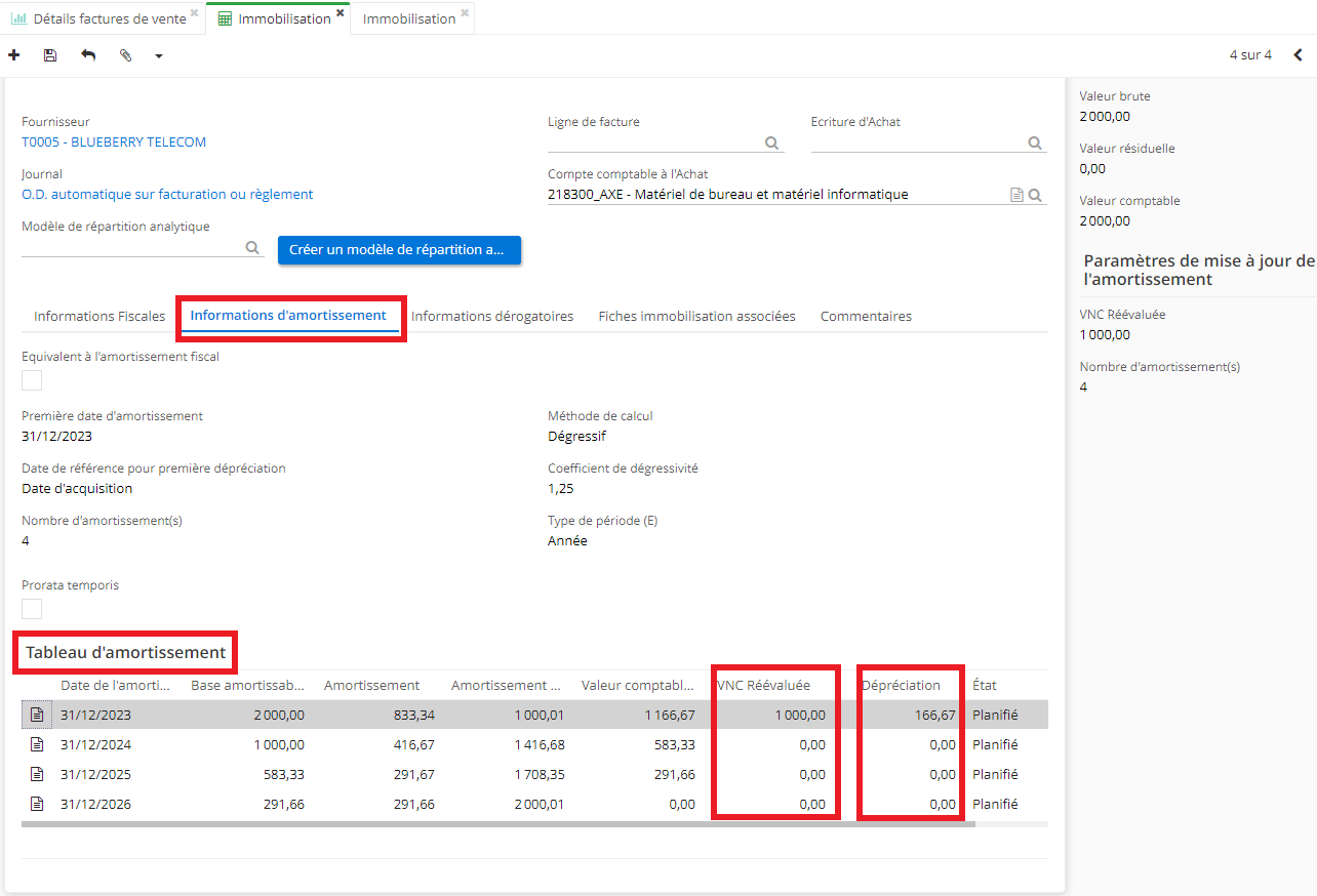 1.4. Sur la fiche d’immobilisation, en cliquant sur l’onglet “Informations d’amortissement” vous pouvez consulter le tableau d’amortissement. Dans le tableau se trouvent les colonnes “VNC Réévaluée” et “Dépréciation”.