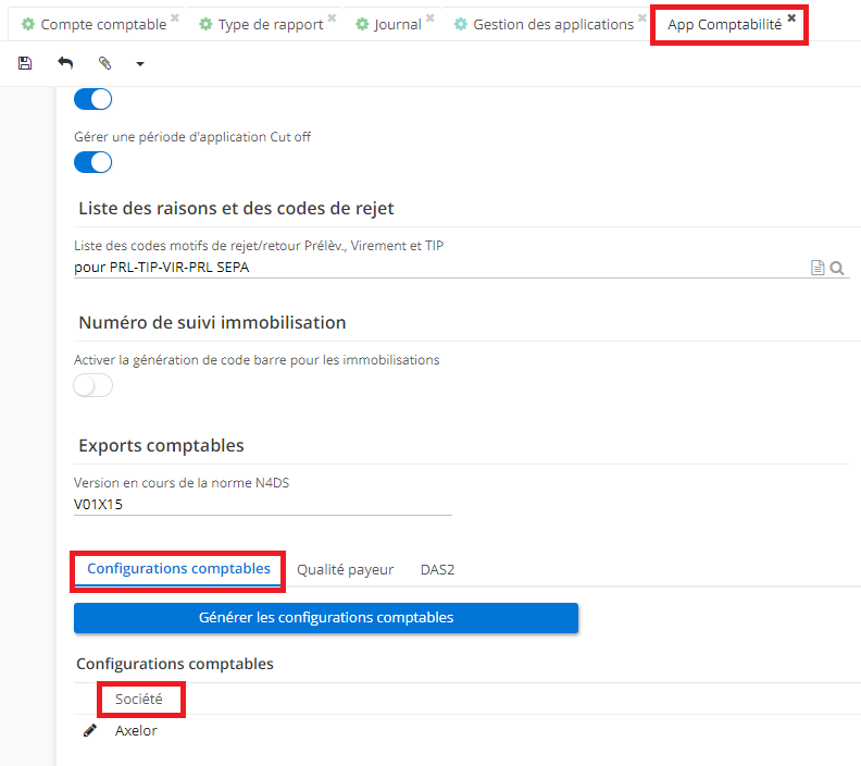 1.7. Comment rendre actives ces cases à cocher sur la fiche du journal ? Config applicatives → Gestion des applications → Comptabilité, Configurer → en bas de page, sous Configurations Comptables, cliquez sur la société.