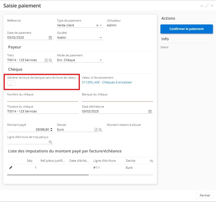 1.5. Sur la fiche de facture, lorsque vous cliquez sur “Enregistrer le paiement”, une nouvelle fenêtre de “Saisie paiement” est ouverte. Sur cette fiche, vous pouvez activez la case “Générer écriture de banque sans écriture de valeur à l’encaissement”. Les écritures générées seront visibles sur la même fenêtre, dans l’espace à droite.