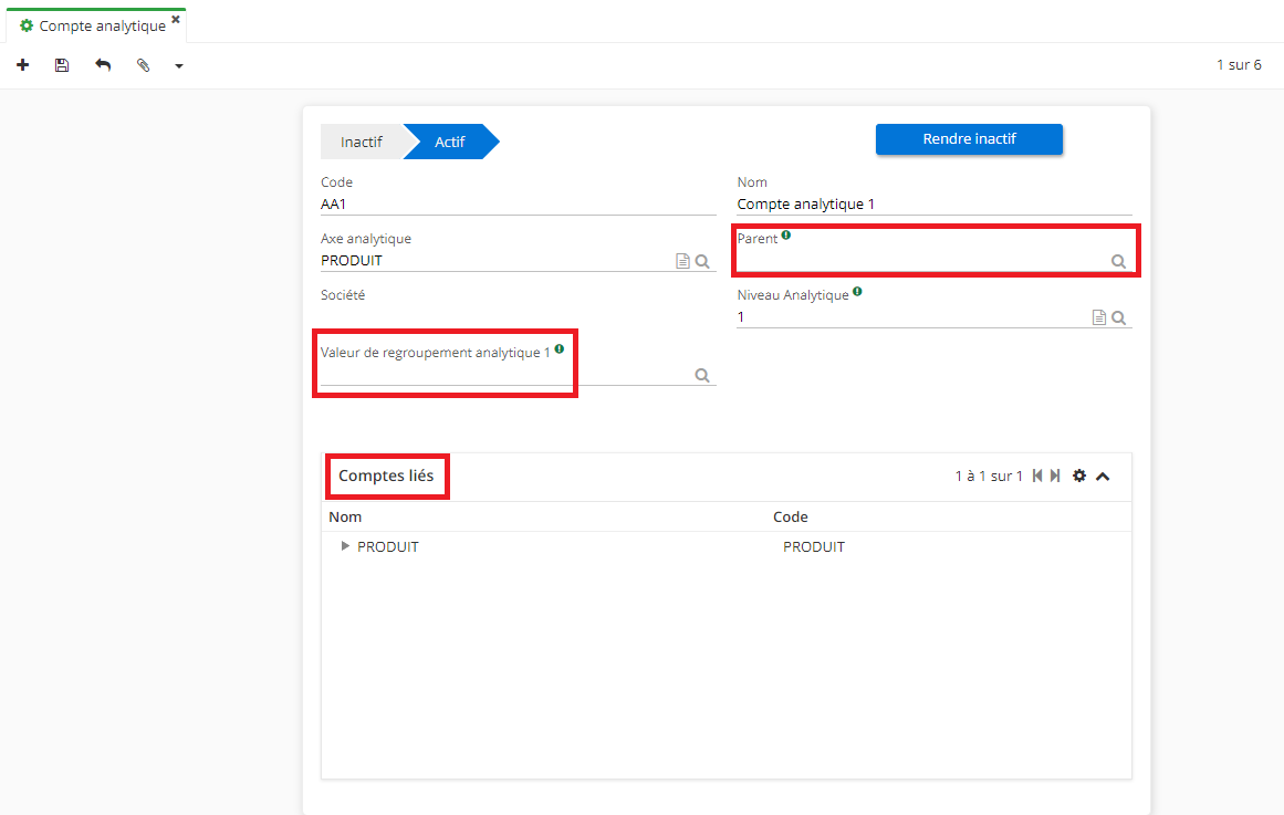 1.2. La fiche du compte analytique et ses champs à remplir. Attention, le champ Parent apparait seulement si la case “Gérer les comptes parents” est activée sur la fiche de l’axe analytique.