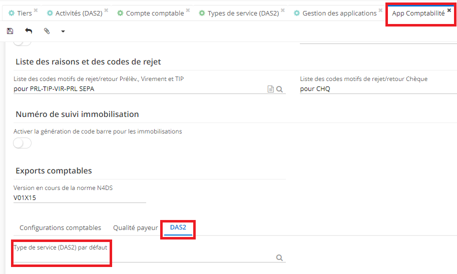 1.7. Sur la page d’App Comptabilité, cliquez sur l’onglet DAS2 et renseignez le type de service DAS2 par défaut (ce type de service DAS2 sera appliqué par défaut lors de la création du compte).