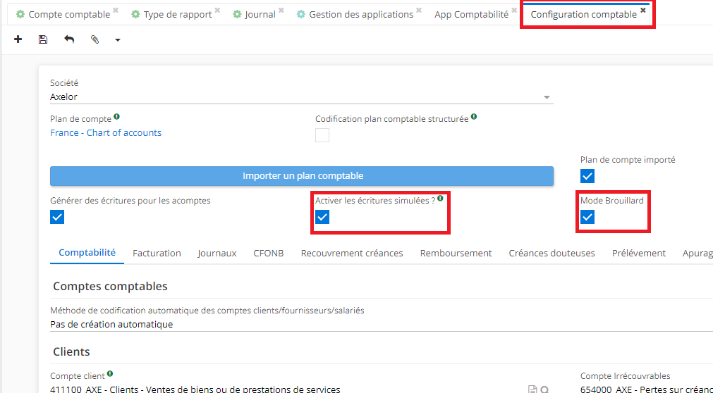 1.8. L’onglet de Configuration s’ouvre si vous cliquez sur la société. Cochez les cases “Autoriser les écritures simulées” et “Mode brouillard” (pour activer le mode brouillard) pour qu’ils apparaissent sur la fiche du journal. Dans le cas contraire, chaque écriture sera comptabilisée immédiatement.