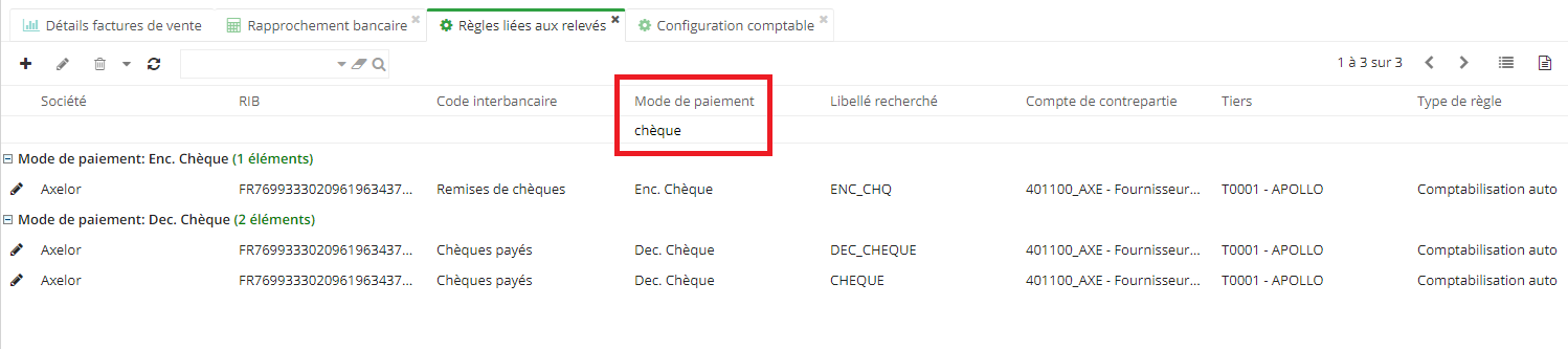 1.6. Il est possible de faire le tri dans les règles liées aux relevés, en sélectionnant la catégorie recherchée (type de règle / mode de paiement / code interbancaire etc).  Ici par exemple le système affiche toutes les fiches avec le mode de paiement configuré comme “chèque”.