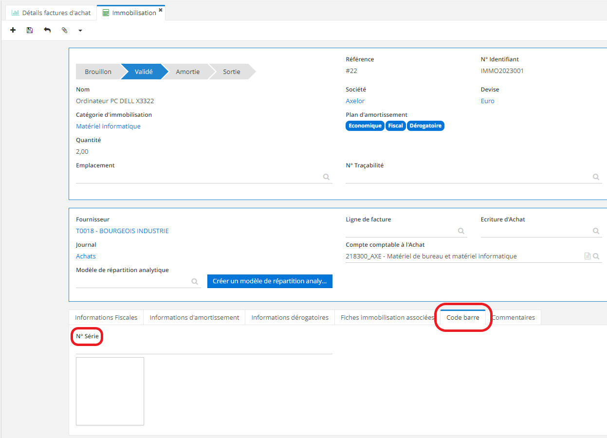 1.2. L’onglet de code barre sur la fiche de l’immobilisation.