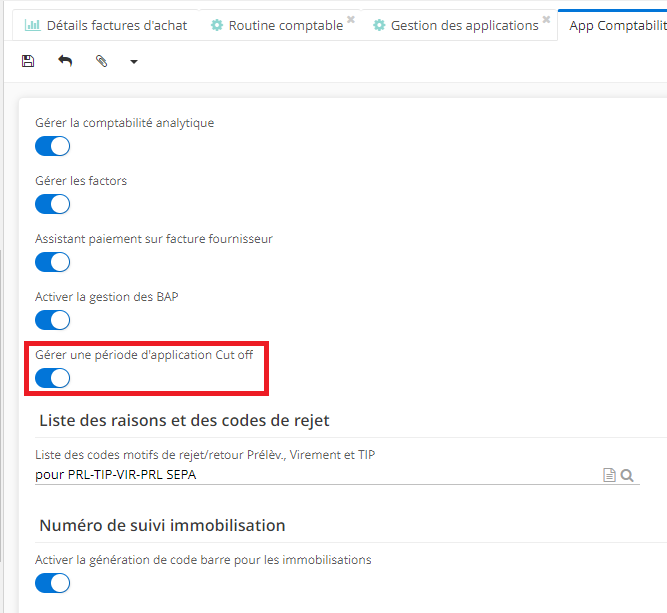 1.5. Config applicatives → Gestion des applications → Comptabilité, Configurer. Sur la page d’App Comptabilité, cochez la case “Gérer une période d’application Cut off”.
