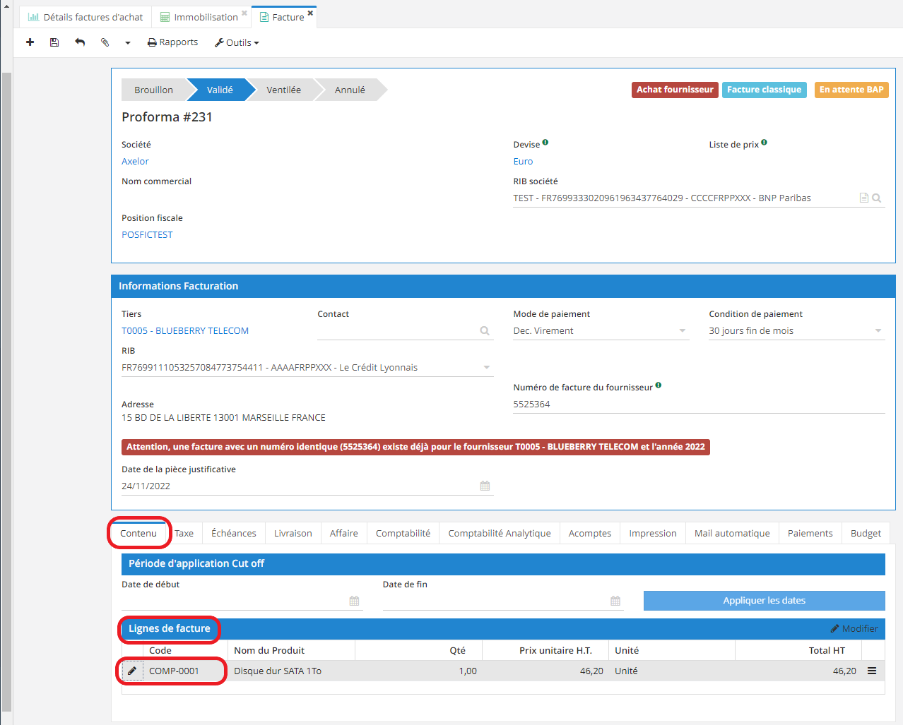 1.1. La fiche de la facture et l’onglet Contenu. Dans cet onglet, vous pouvez cliquer sur une Ligne de Facture pour ensuite activer la case Immobilisations.