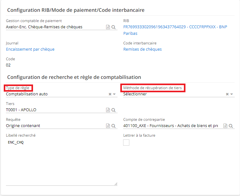 1.7. La fiche de Configuration RIB/ Mode de paiement / Code interbancaire et les différents champs à compléter.