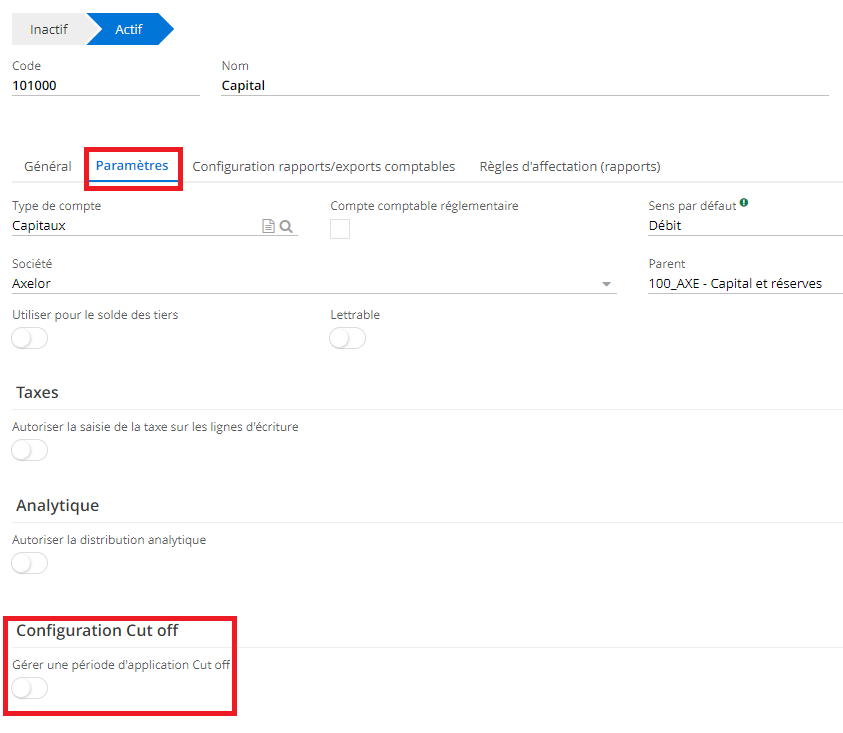 1.6. Case à cocher “Configuration Cut off”, l’onglet Paramètres, sur la fiche du Compte Comptable.