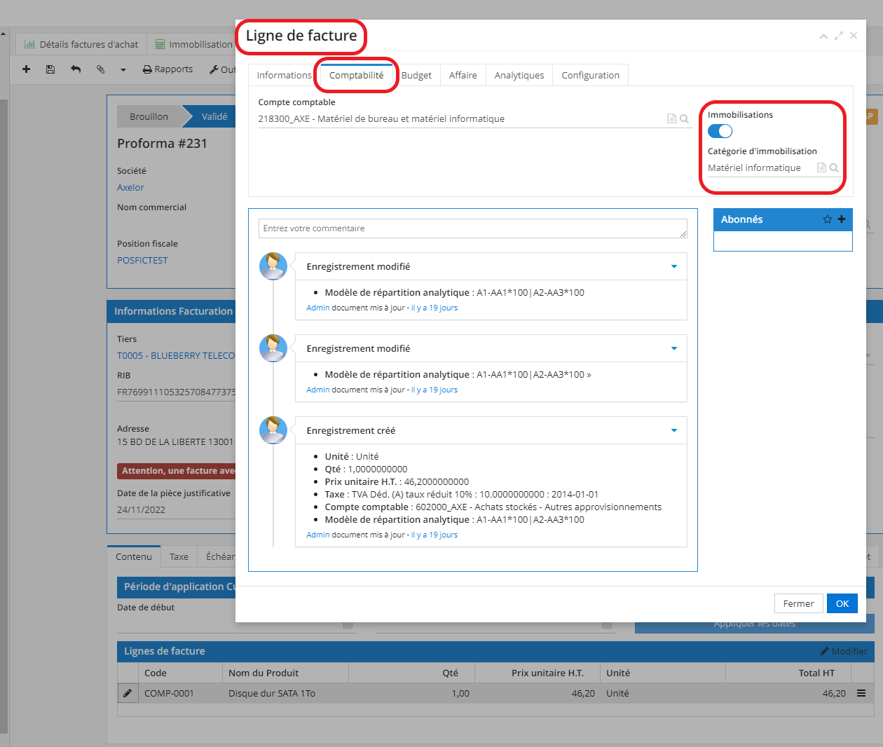 1.2. Lorsque vous cliquez sur une Ligne de facture, vous ouvrez la nouvelle fenêtre de Ligne de facture. Cliquez sur l’onglet Comptabilité pour activer la case Immobilisations.