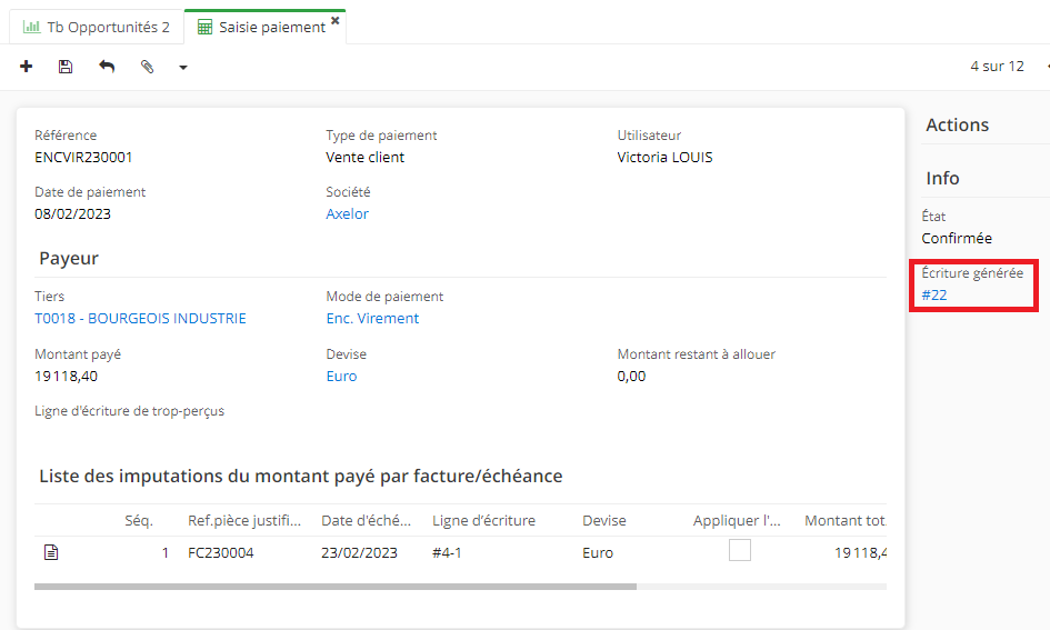2.2. Une fois que le paiement a été effectué, une écriture est générée et peut être consultée sur la fiche de Saisie Paiement.