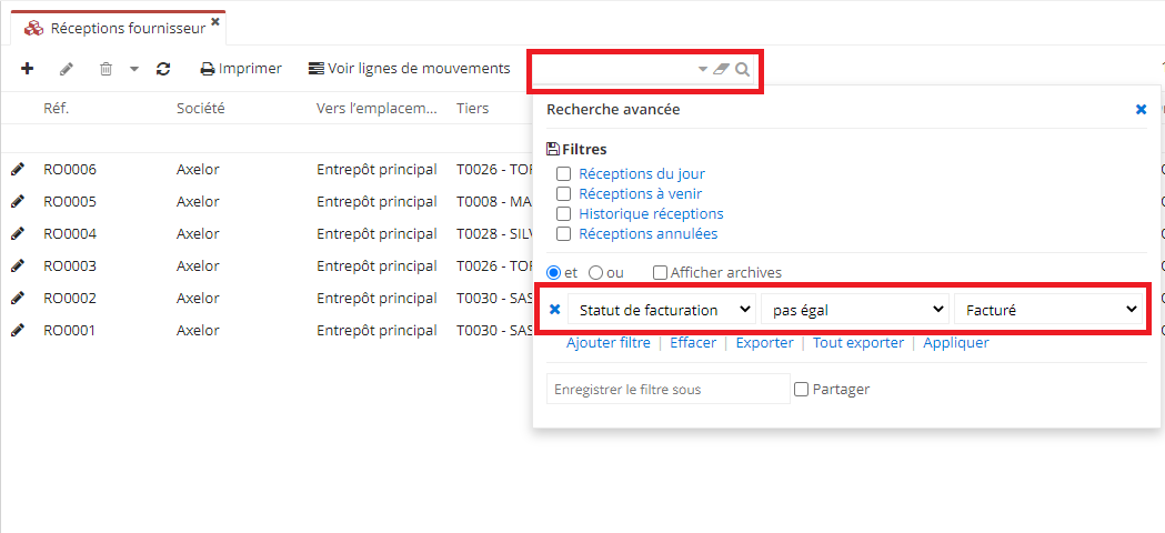 1.7. La Recherche avancée sur la page de Réceptions fournisseur.