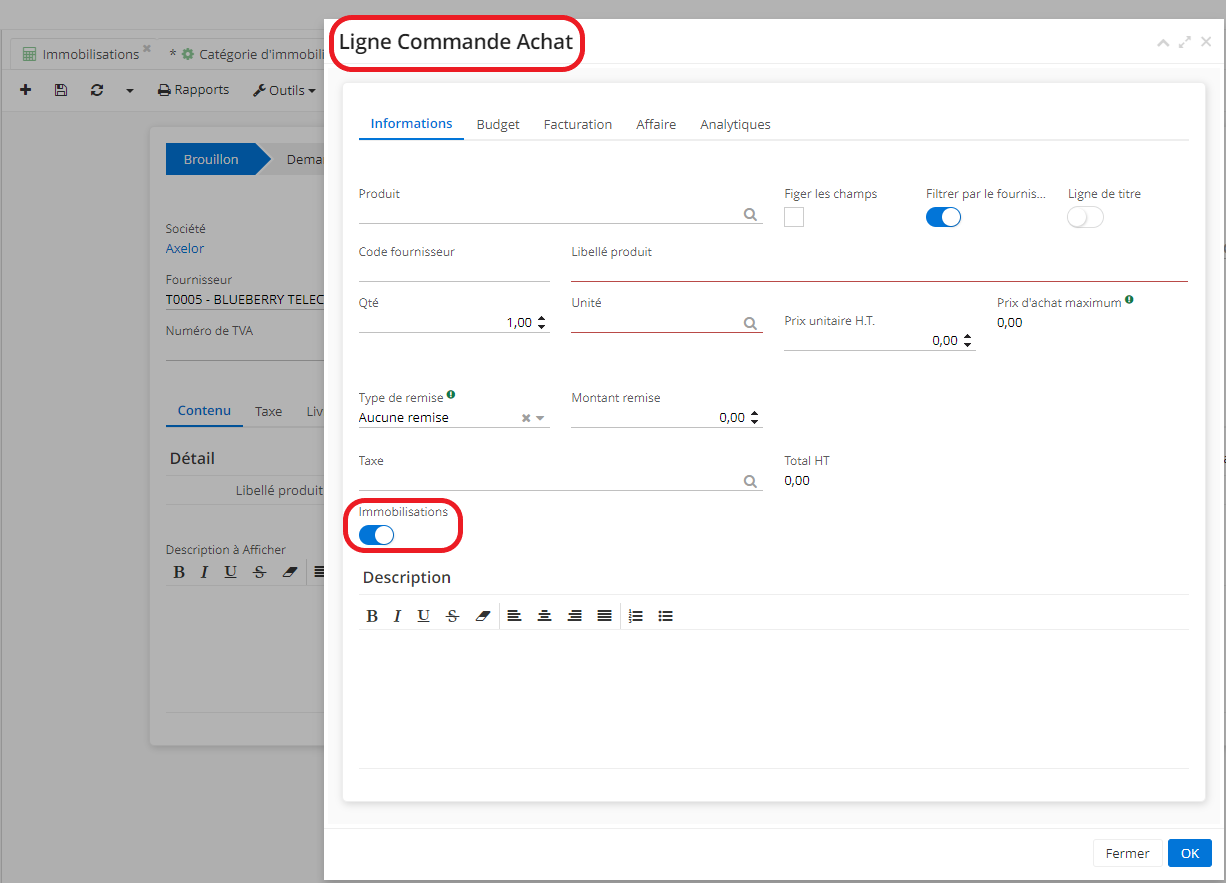 1.2. La fenêtre de Ligne Commande Achat et case à cocher “Immobilisations”.