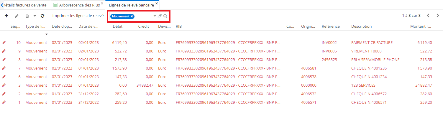 2.2. Lorsque vous cliquez sur l’icône de la loupe par exemple, il devient possible de consulter les Lignes de relevés bancaires (ici, de mouvement). Pour enlever le filtre, supprimez le mot-clé “mouvement”.  Avec le filtre supprimé, toutes les lignes seront affichées. Il est toujours possible de ré-appliquer les filtres dans le champ en haut.