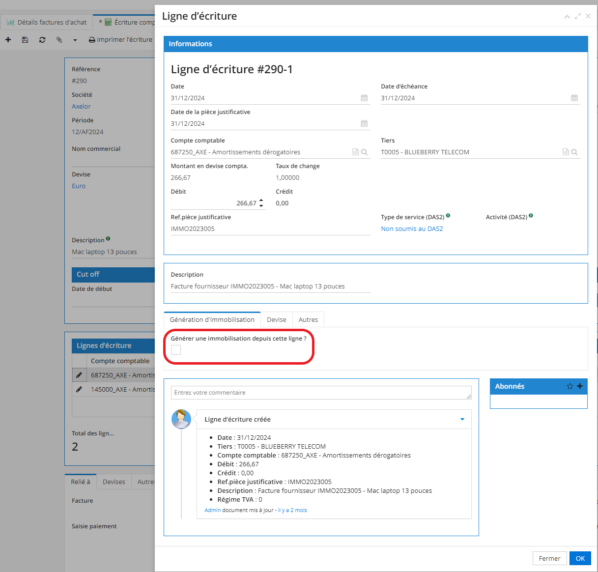 1.1. Si vous cliquez sur une Ligne d’écriture dans la fiche d’une écriture comptable, un nouvel onglet “Ligne d’écriture” va s’ouvrir. Cliquez sur “Génération d’immobilisation” et ensuite cochez “Générer une immobilisation depuis cette ligne” si vous souhaitez générer une immobilisation à partir d’une écriture comptable.