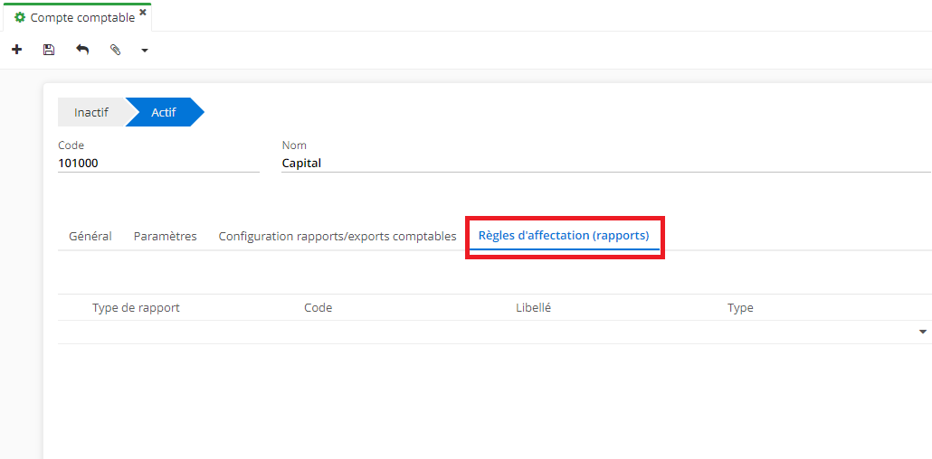 1.1. Le nouvel onglet “Règles d’affectation (rapports” de paramétrages est disponible sur la fiche du compte comptable.