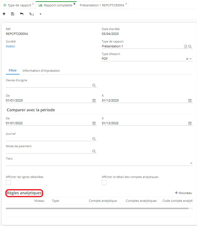 1.1. Sur la fiche de Rapport Comptable, cliquez sur +Nouveau afin d’ajouter une nouvelle règle analytique.