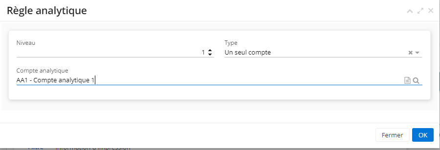 1.2. Une fois que vous avez cliqué sur +Nouveau, l’onglet de configuration de la Règle analytique va apparaitre. Renseignez le Niveau, le type et par la suite le compte analytique, si vous avez besoin.