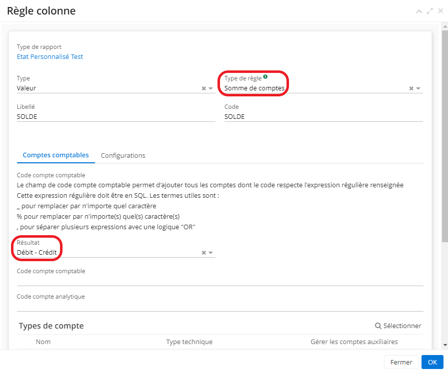 1.2. Si vous sélectionnez le type de règle “Somme de comptes”, il devient possible de configurer les Comptes Comptables et de définir la façon comment est calculé le résultat (par exemple, Débit - Crédit).