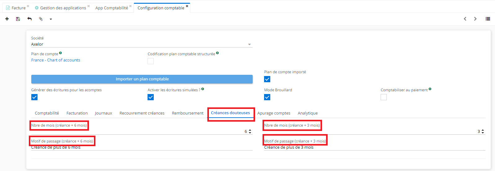 1.4. La page de Configuration comptable (accédez via app Comptabilité en cliquant sur la société). Sur l’onglet Créances douteuses, vous trouverez les champs “Nombre de mois” et “Motif de passage”.