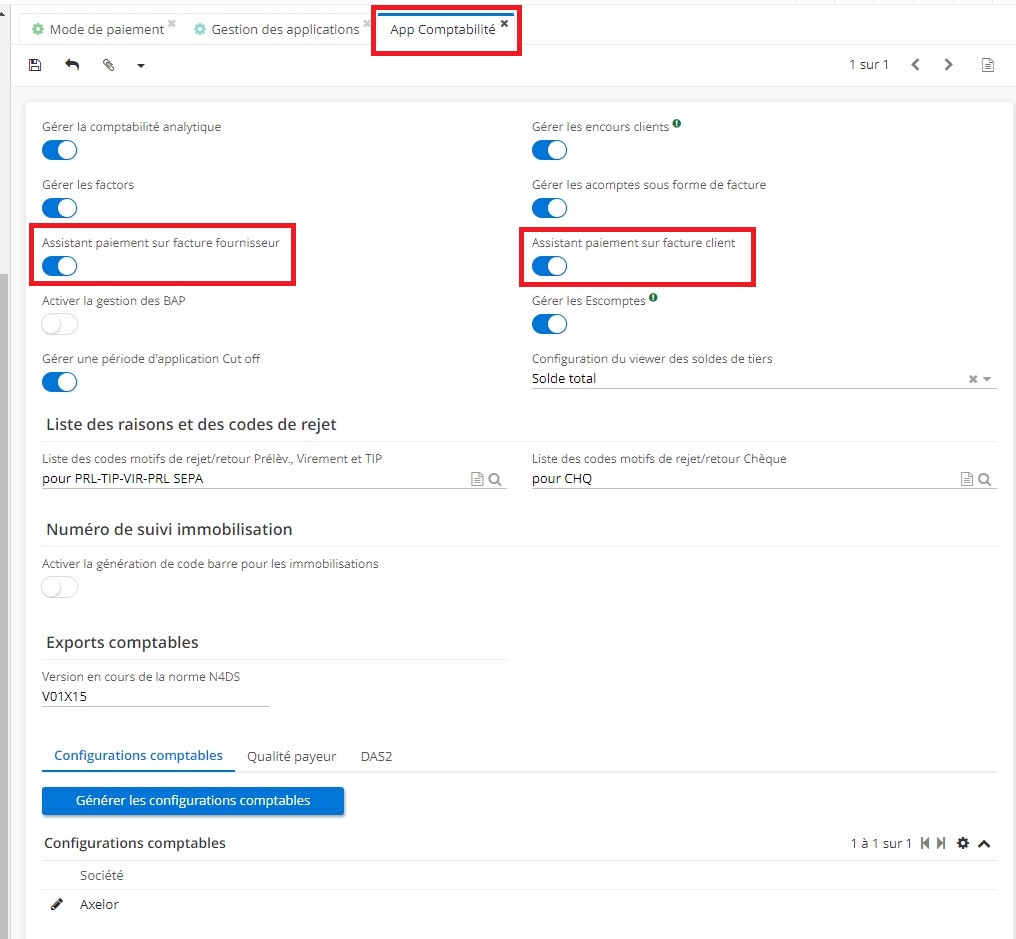 1.1. Sur la page d’App Comptabilité, activez les cases “Assistant paiement sur facture fournisseur / sur facture client”.