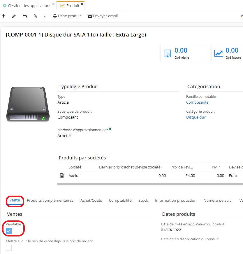 1.2. Un produit ou service est vendable lorsque la case à cocher “Vendable” est activée dans l’onglet Vente sur la fiche Produit. 