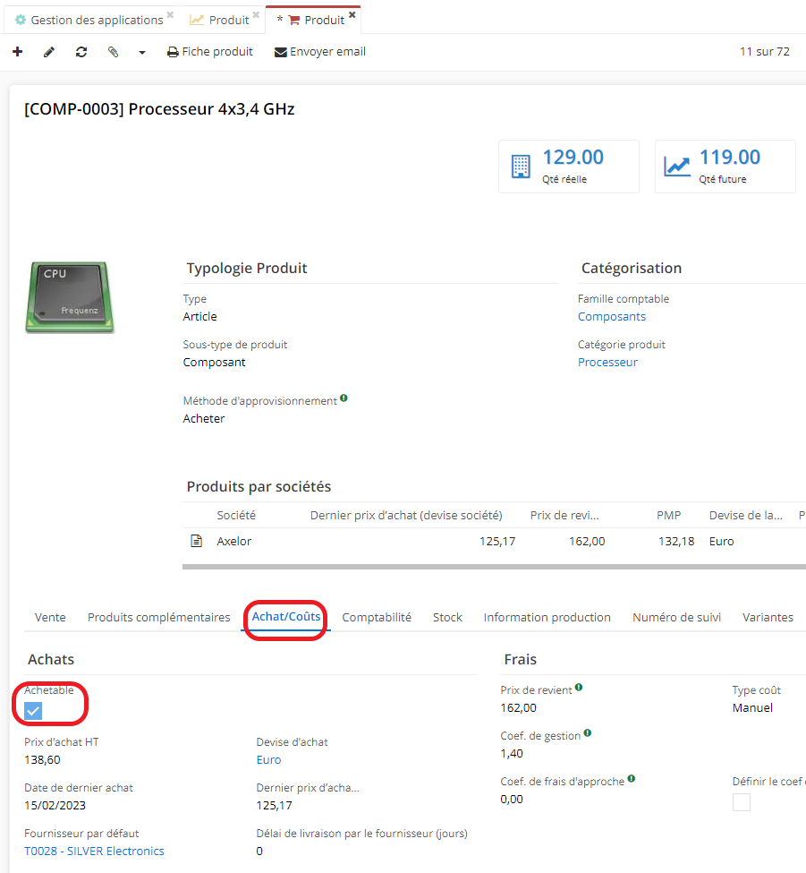 1.3. Un produit est considéré comme achetable lorsque la case à cocher “Achetable” est activée dans l’onglet Achats/Coûts sur la fiche produit. 