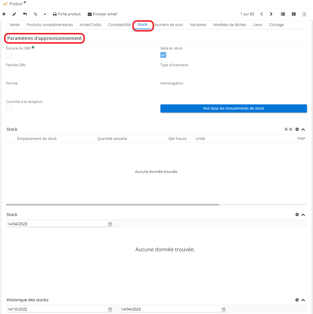 1.2. Paramétrages du stock (onglet Stock de la fiche Produit).
