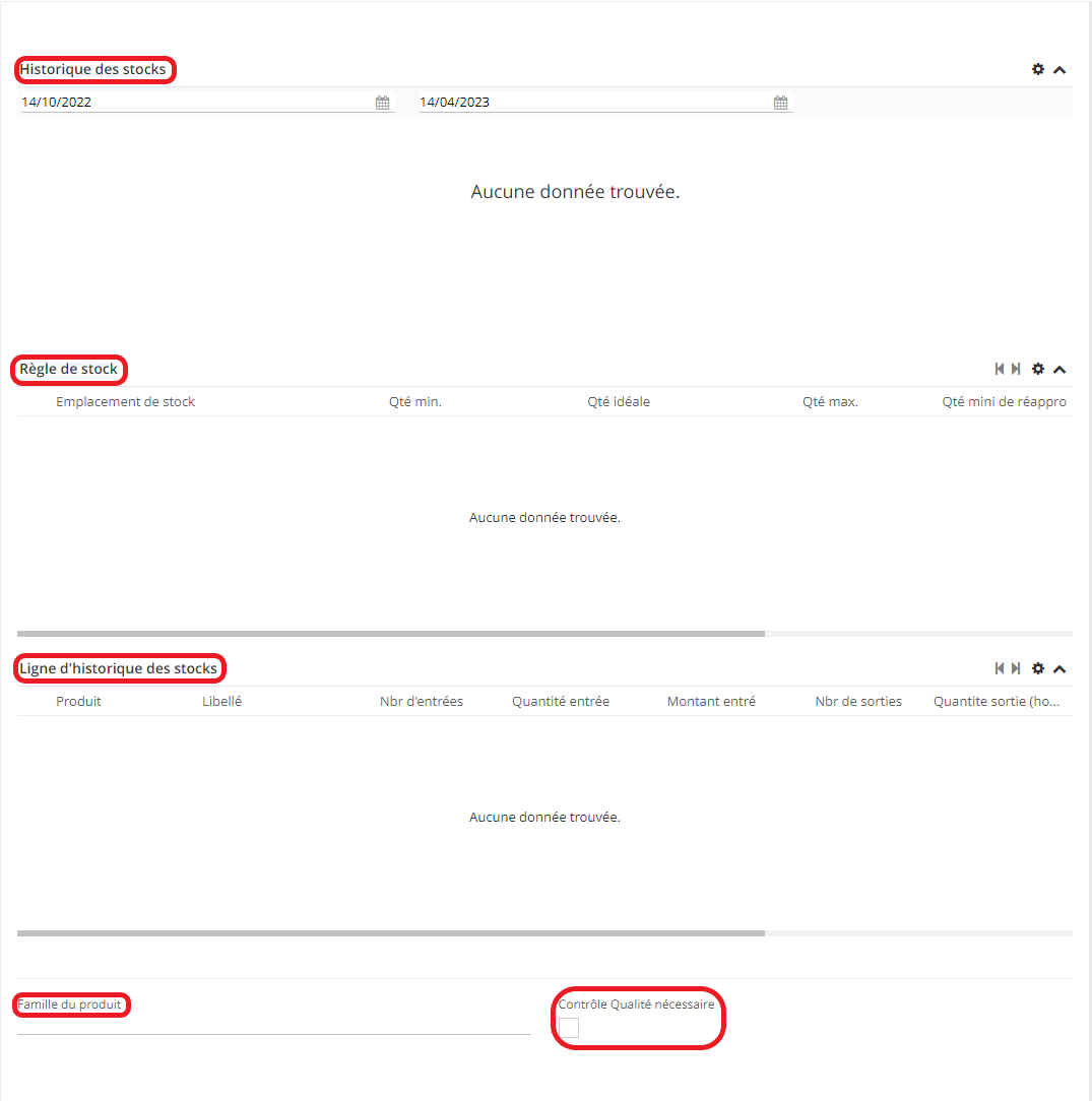 1.3. Sur l’onglet de Stock vous trouverez également l’historique des stocks, les règles ainsi que les lignes d’historique des stocks. Vous pouvez également renseigner la famille de produit ou imposer un contrôle qualité.