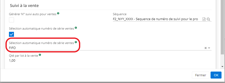 1.5. Toujours sur l’onglet de la Configuration de n° de suivi, sélectionnez FIFO ou LIFO sur le champ “Sélection automatique numéro de série ventes” dans la partie Suivi à la vente.  Il est également possible de configurer FIFO / LIFO pour la partie Production si la case “Sélection automatique numéro de série production” est cochée.