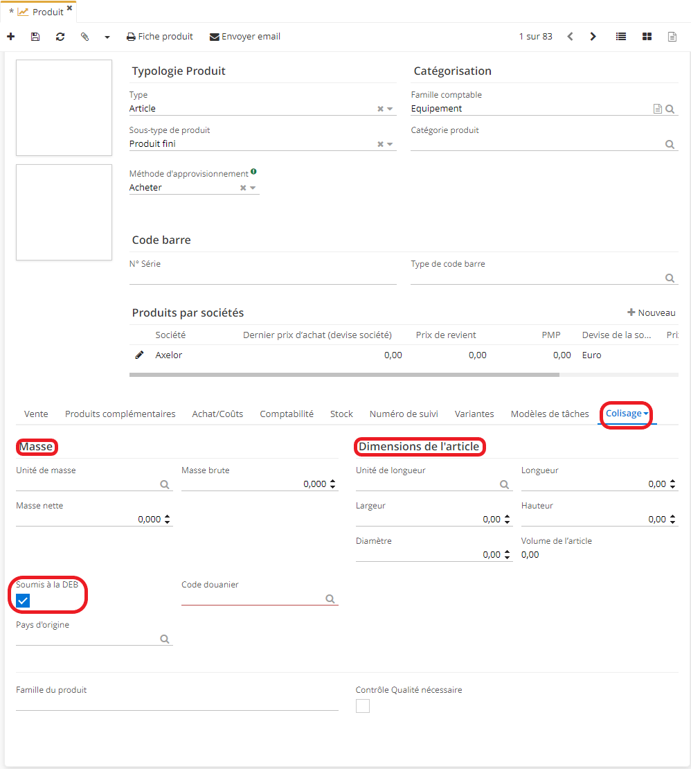 1.1. L’onglet Colisage sur la fiche Produit. Définissez la masse et les dimensions de l’article. Cochez la case “Soumis à la DEB” (déclaration d’échange et des biens) si le produit est soumis à la DEB. Dans ce cas, les champs “Code douanier” et “Pays d’origine” vont apparaitre.