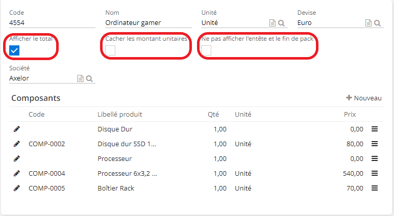 1.2. La création d’un nouveau pack. Un pack comporte plusieurs composants. Vous pouvez également cocher la case “Afficher le total” afin d’afficher le prix total du pack à la fin du pack ; en outre, il est possible de cocher la case “Cacher les montants unitaires” dans le but de cacher le prix unitaire de chaque composant sur le devis. Cochez la case “Ne pas afficher l’entête et le fin de pack” si vous avez besoin de cacher l’entête et le fin de pack. 