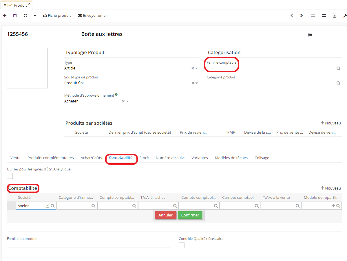 1.3. Sur la fiche produit, vous pouvez renseigner la famille comptable. Soit, vous pouvez renseigner les informations nécessaires dans l’onglet “Comptabilité”.