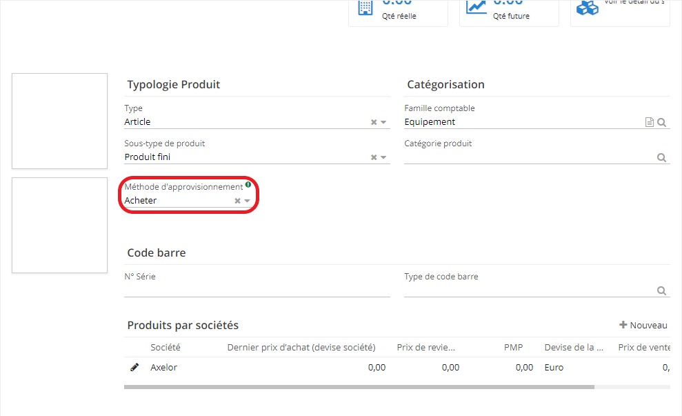 2.6. Sur la fiche produit, vous trouverez le champ “Méthode d’approvisionnement”. Sélectionnez parmi “Acheter” / “Produire” / “Acheter et produire”.