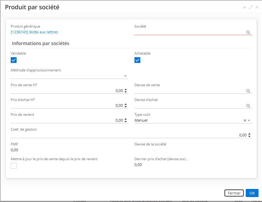 2.8. Si vous cliquez sur “Nouveau” de tableau “Produit par sociétés” sur la fiche produit, l’onglet de configuration du produit par société va apparaitre.