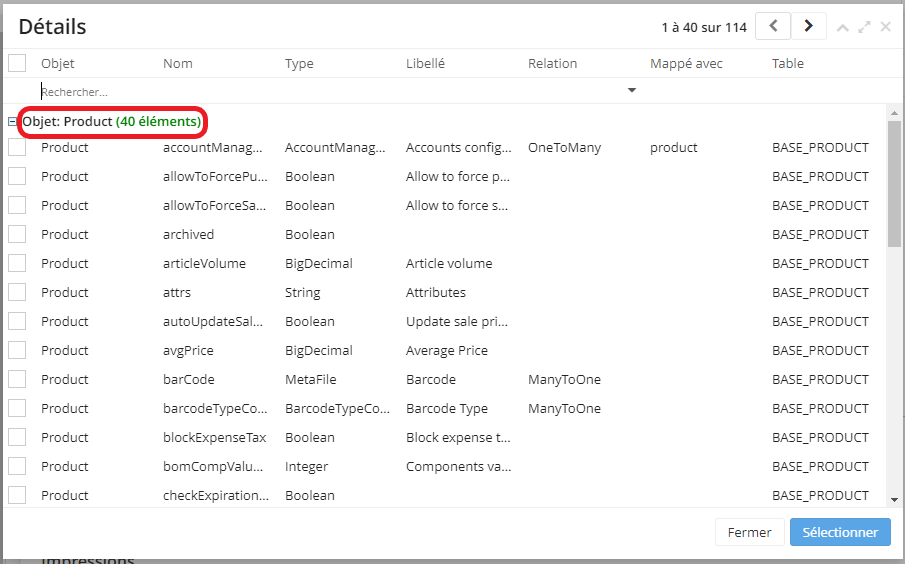 3.1. Une fois que vous avez cliqué sur “Sélectionner” dans le tableau “Champs des produits à surcharger par société”, vous allez pouvoir sélectionner les champs dans l’onglet Détails.