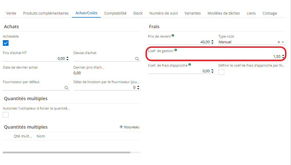 1.5. Si vous souhaitez appliquer une marge de 50%, indiquez dans le champ “Coefficient de gestion” (l’onglet Achat/Coût) une valeur égale à 1,50.