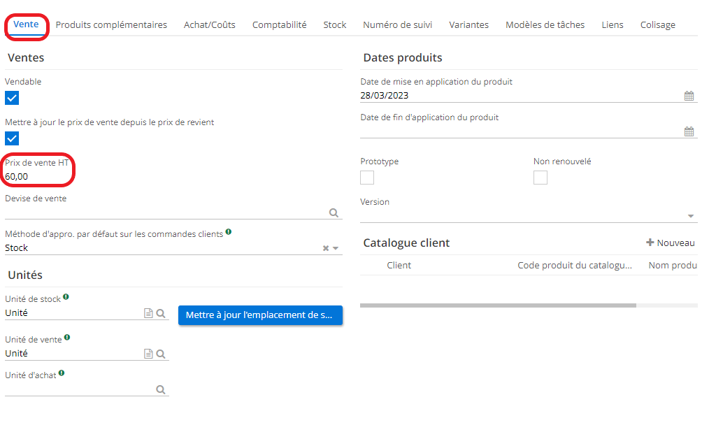 1.6. Par conséquent, lorsque vous retournez sur l’onglet Vente, vous allez constater que le prix de vente HT est à 60 euros (le prix de revient de 40 + une marge de 50%).